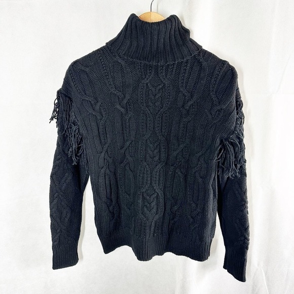 Lauren Ralph Lauren Fringe Trim Aran Knit Turtleneck Sweater Black - Picture 4 of 9
